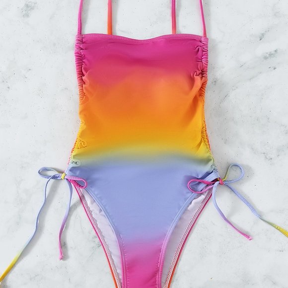 New Ombre Drawstring Side One Piece Swimsuit Rainbow - Picture 5 of 6